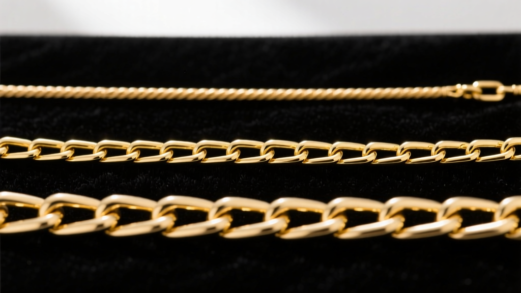Macro shot comparing three gold chain styles: a 1mm cable, a 1.2mm box, and a 3mm paperclip chain laid out on a dark velvet pad.