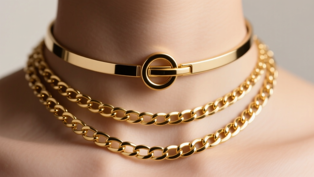 Three layered gold necklaces secured by a magnetic spacer clasp at the nape, showing tangle-free alignment, macro jewelry shot