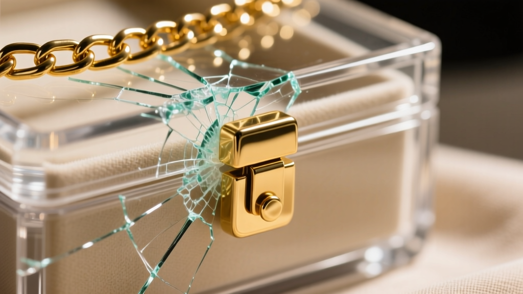 Close-up of a broken acrylic snap tab on a budget stackable jewelry box, showing stress fractures near a heavy gold chain