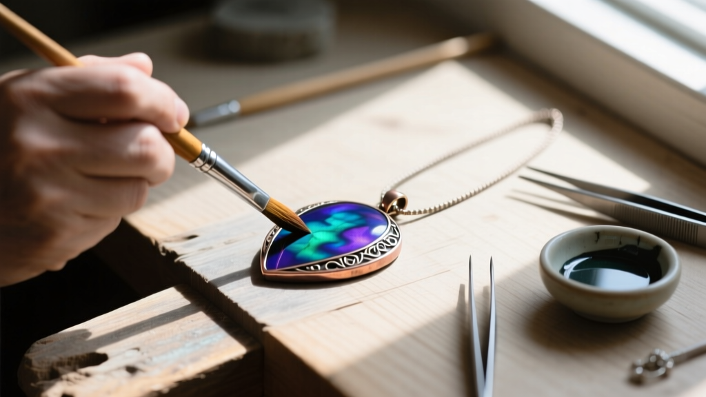 Artisan brushing rokusho patina onto a heated shibuichi copper-silver Japan necklace pendant resting on a wooden jewelry workbench