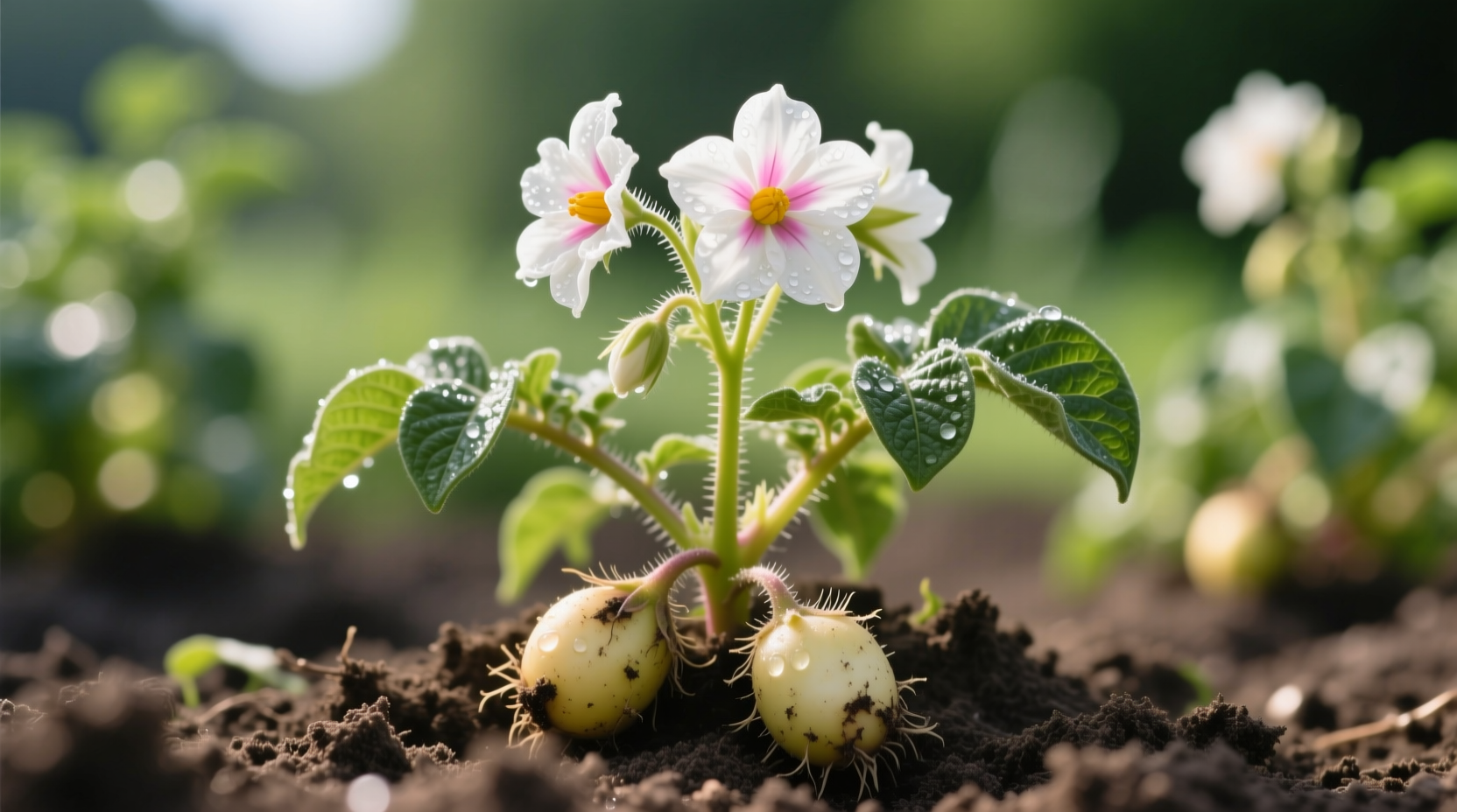 Close-up of potato plant with flowers and developing tubers
