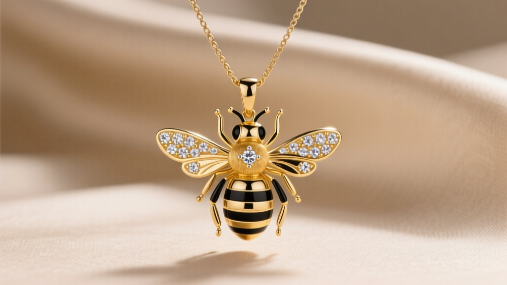 14k gold bumblebee pendant with black enamel stripes and diamond wings on a fine cable chain against soft beige silk