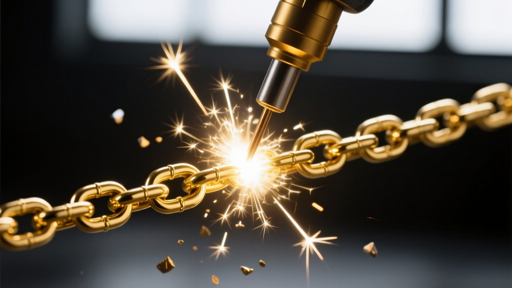 Close-up of a pulse arc welder electrode touching a 14k gold rolo chain link, emitting a bright micro-spark in a dimly lit studio