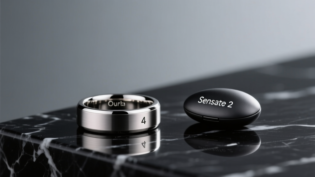 A sleek titanium Oura Ring 4 resting on dark marble next to a Sensate 2 pebble device, illuminated by soft studio lighting to highlight the premium materials.