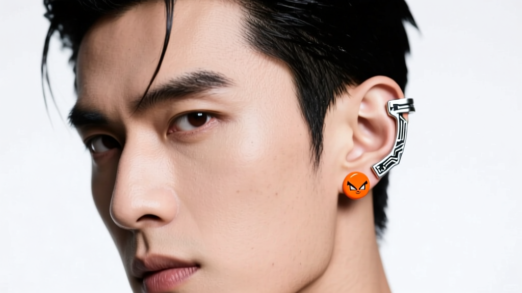 Male model wearing a 16-gauge titanium Saiyan scout ear cuff and an orange Dragon Ball lobe stud under soft studio lighting.