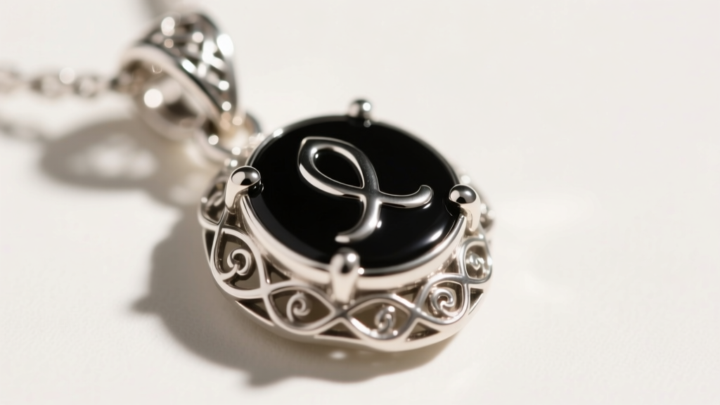 Macro shot of a sterling silver Karma mark pendant with black enamel inlay, highlighting high polish and intricate prong details