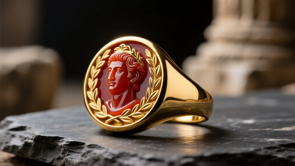 Close-up of an ancient Roman gold signet ring with a carnelian intaglio, resting on dark slate under warm directional lighting