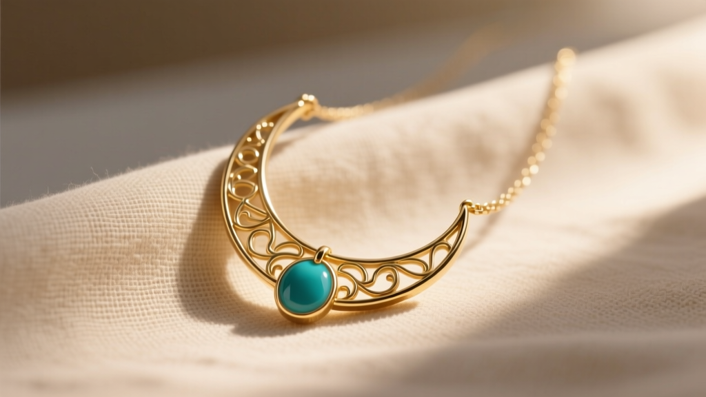 Delicate 14k gold vermeil crave necklace with a teal enamel pendant resting on a soft beige linen cloth in natural sunlight