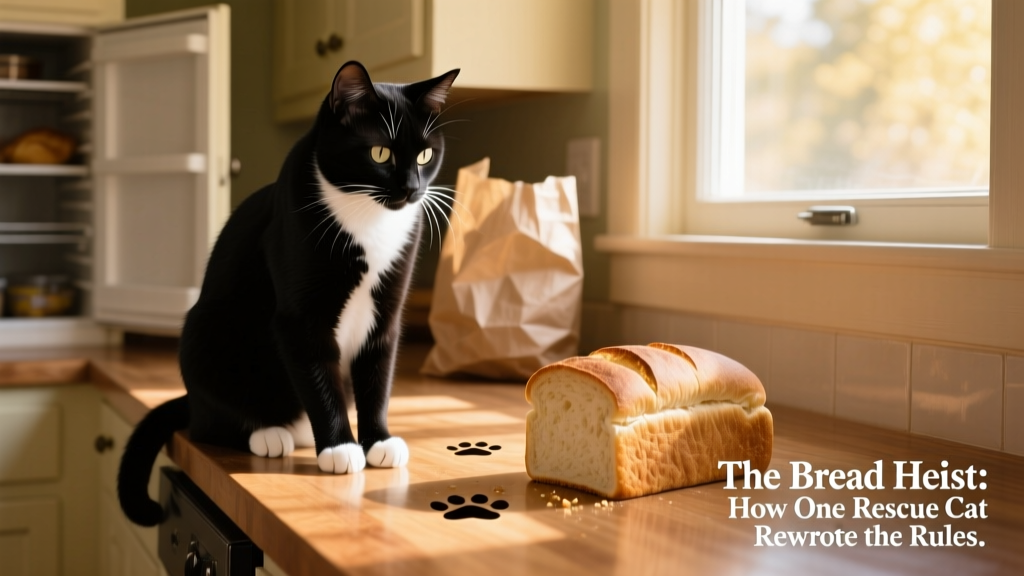 Tuxedo cat sitting upright on a kitchen counter, intently staring at a loaf of bread nearby