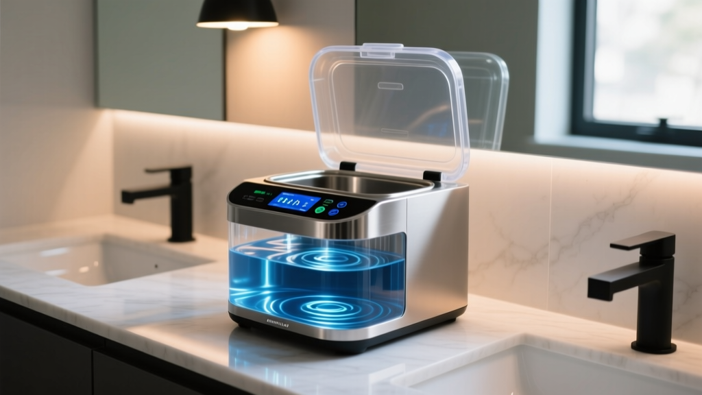 Digital display on a steel ultrasonic cleaner, water rippling in the tank under warm lighting on a modern bathroom counter