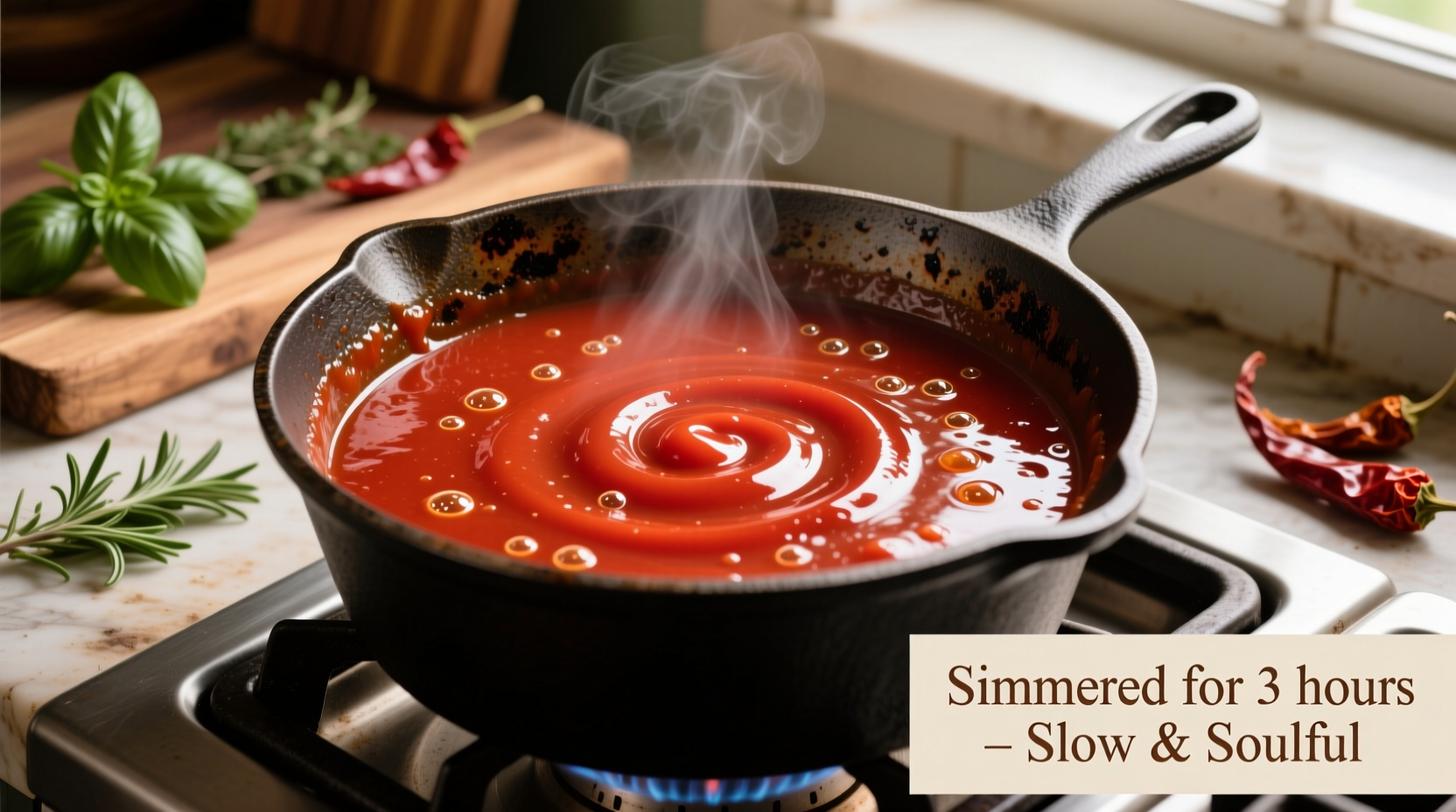 Smooth tomato gravy simmering in cast iron pot