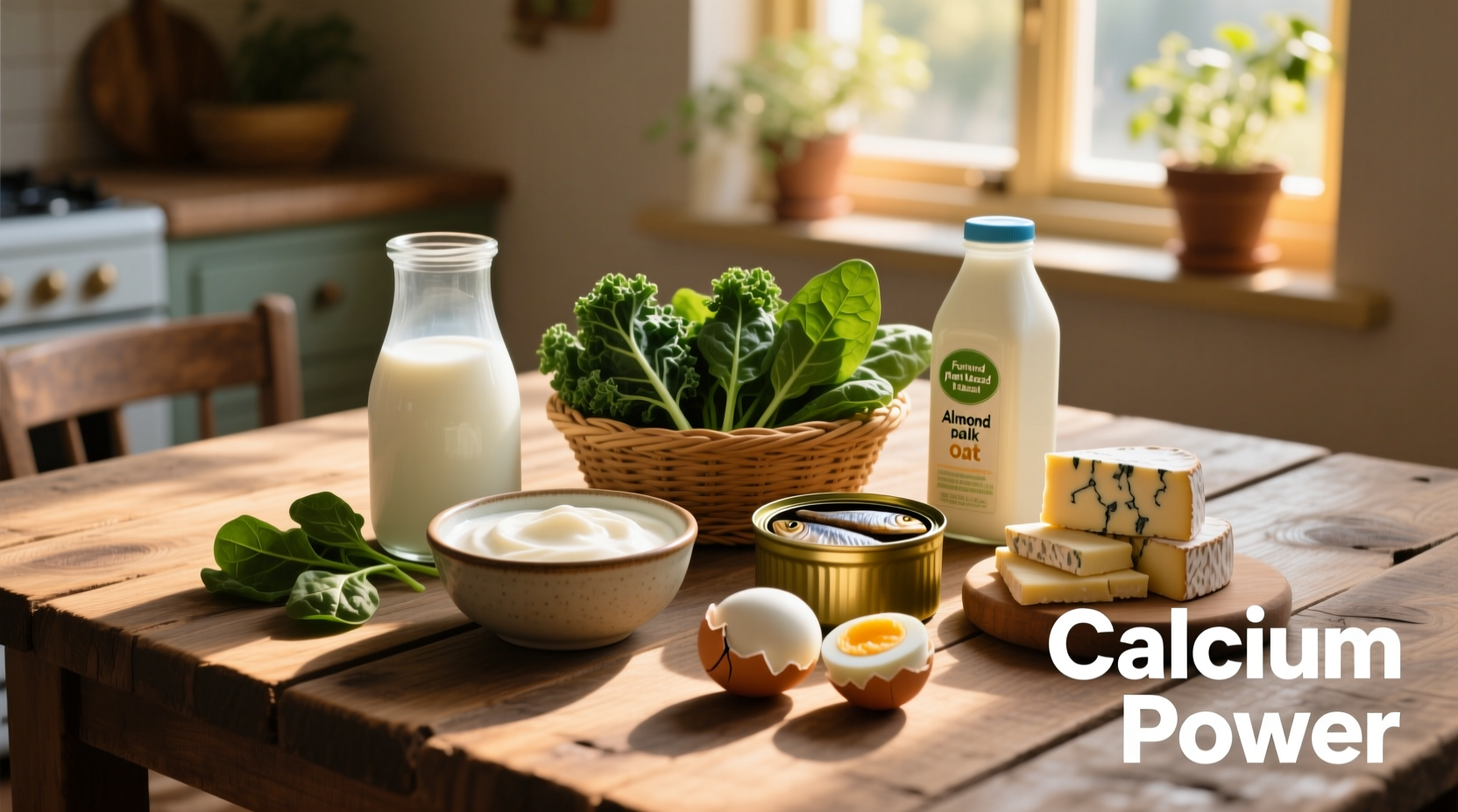 Calcium-rich foods arranged on wooden table