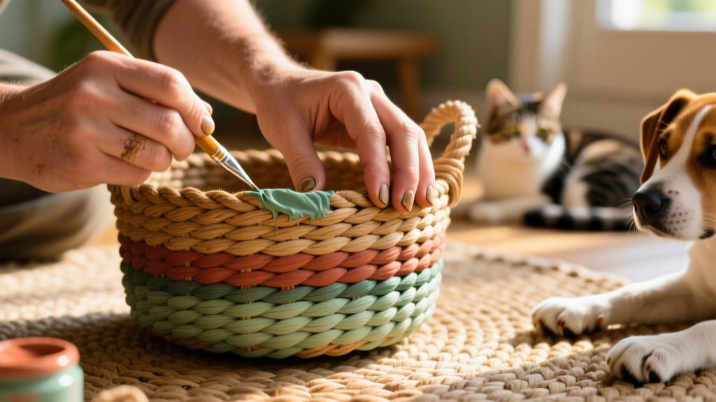 Close-up of hands painting the bottom edge of a woven rope basket with fabric paint