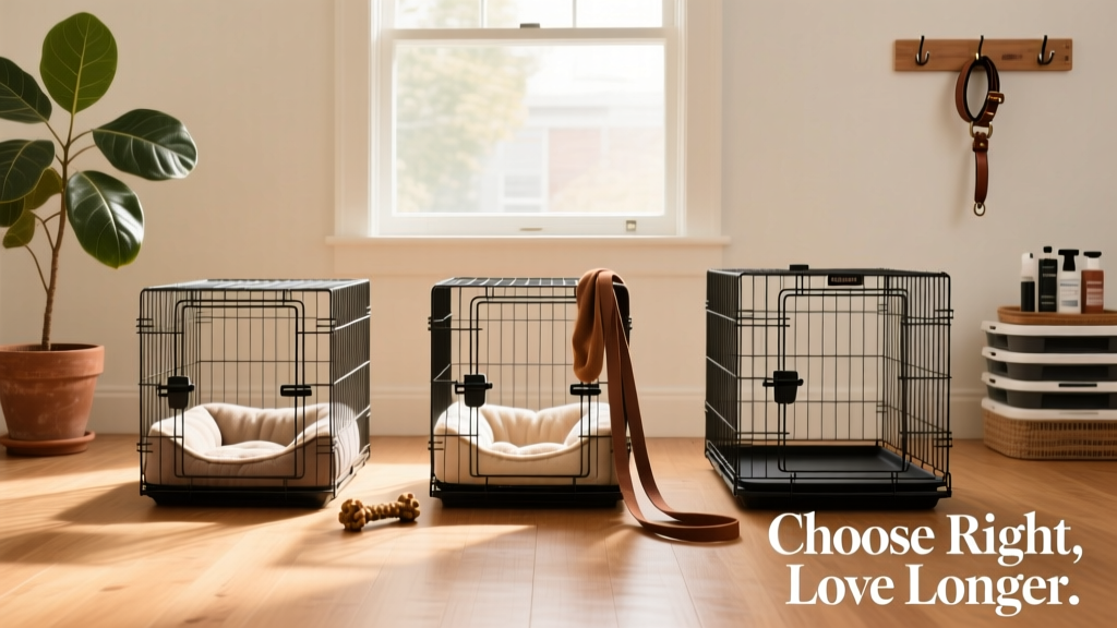 Side-by-side comparison of three wire dog crates: single-door, double-door, and heavy-duty models