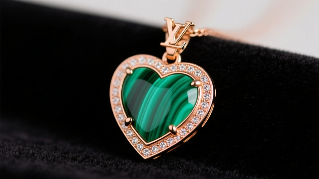 Macro photography of an 18k pink gold LV heart necklace pendant featuring a vibrant green malachite inlay resting on dark velvet.
