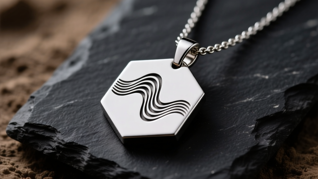 Macro shot of a titanium sonic necklace pendant with soundwave laser engraving, resting on dark slate under soft studio lighting