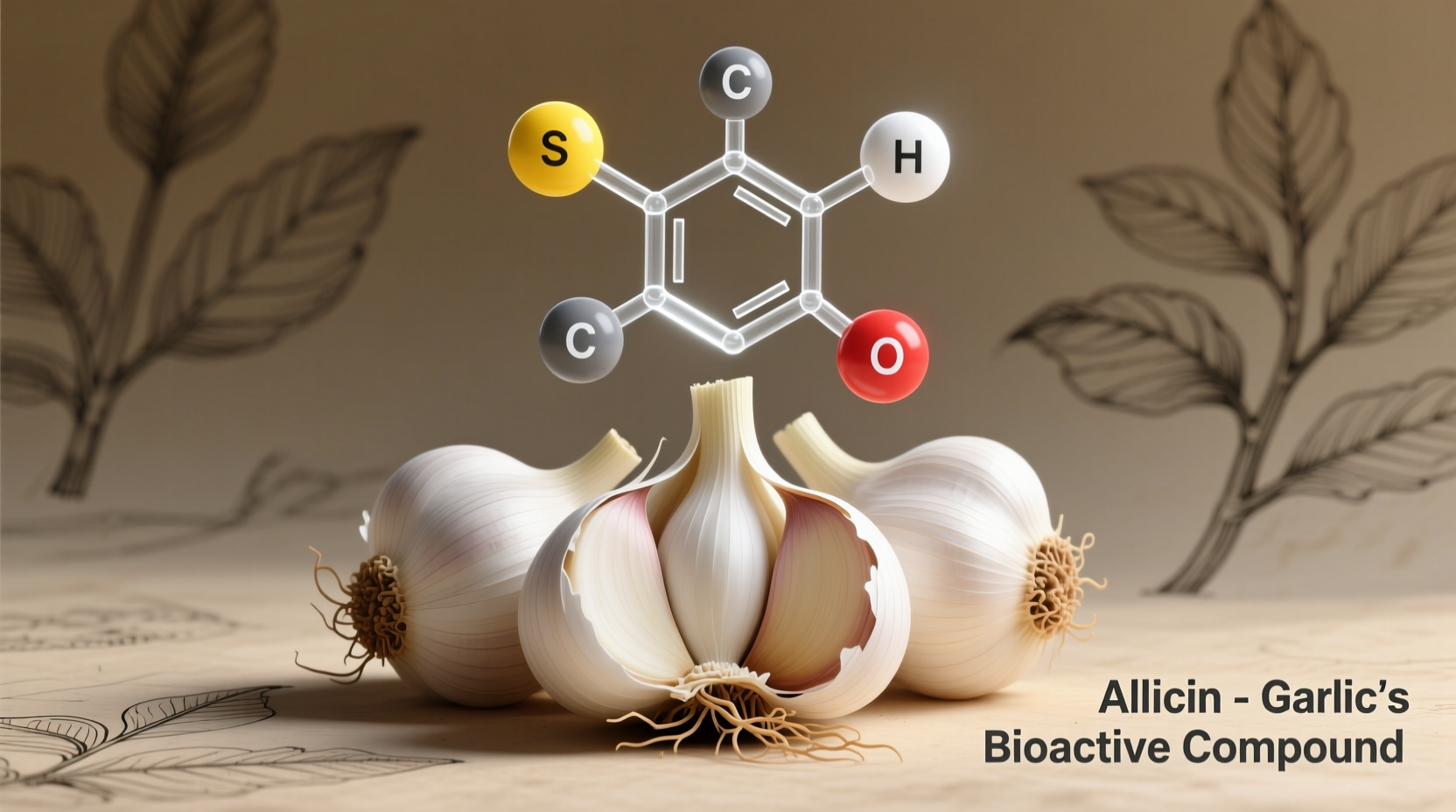 Fresh garlic cloves with scientific diagram of allicin molecule