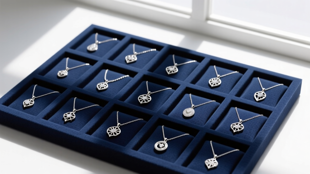 Overhead view of flocked navy jewelry display cards with foam inserts, holding a neat array of sterling silver pendant necklaces.