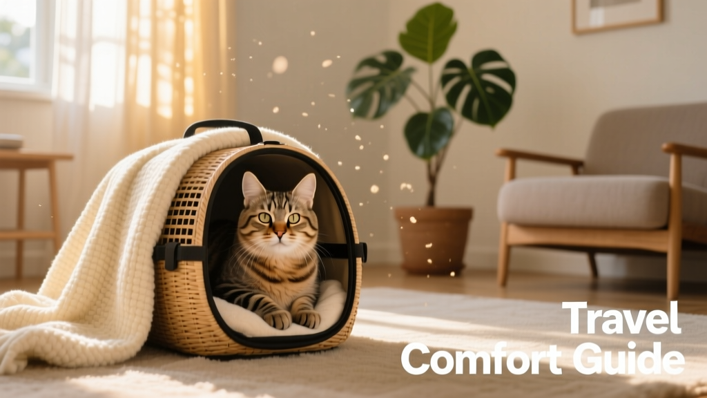 A relaxed cat peeking out of an open carrier placed on a cozy blanket in a sunlit living room