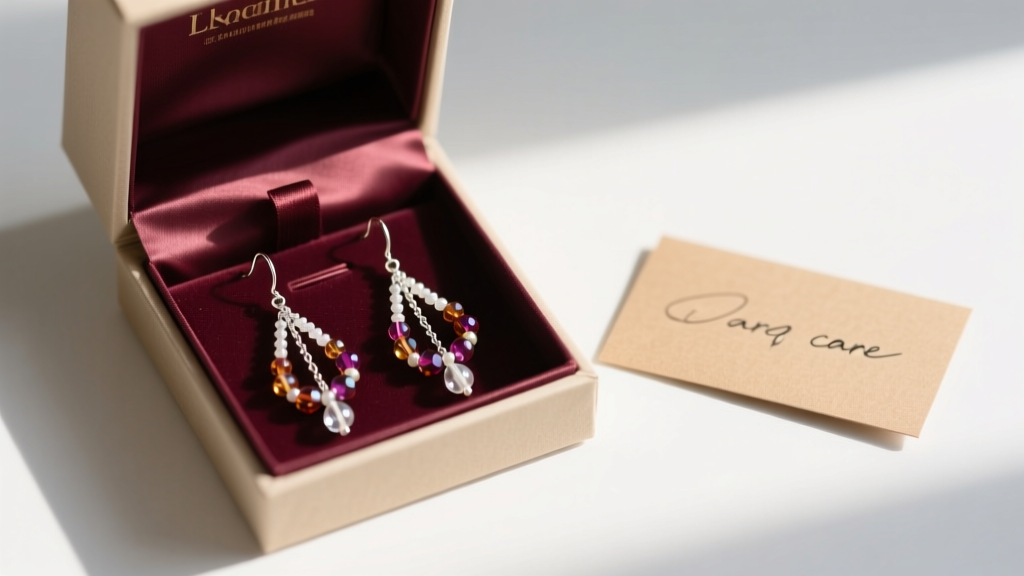 Open gift box revealing custom beaded drop earrings nestled in a silk insert, next to a handwritten kraft paper jewelry care card