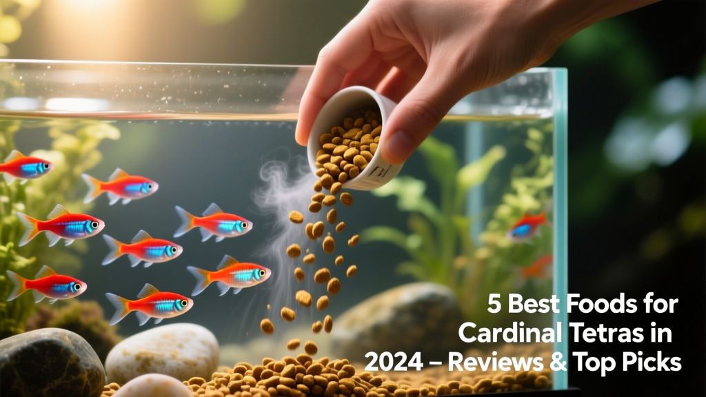 Hand pouring FurPetVo flakes into a freshwater aquarium with cardinal tetras swimming nearby