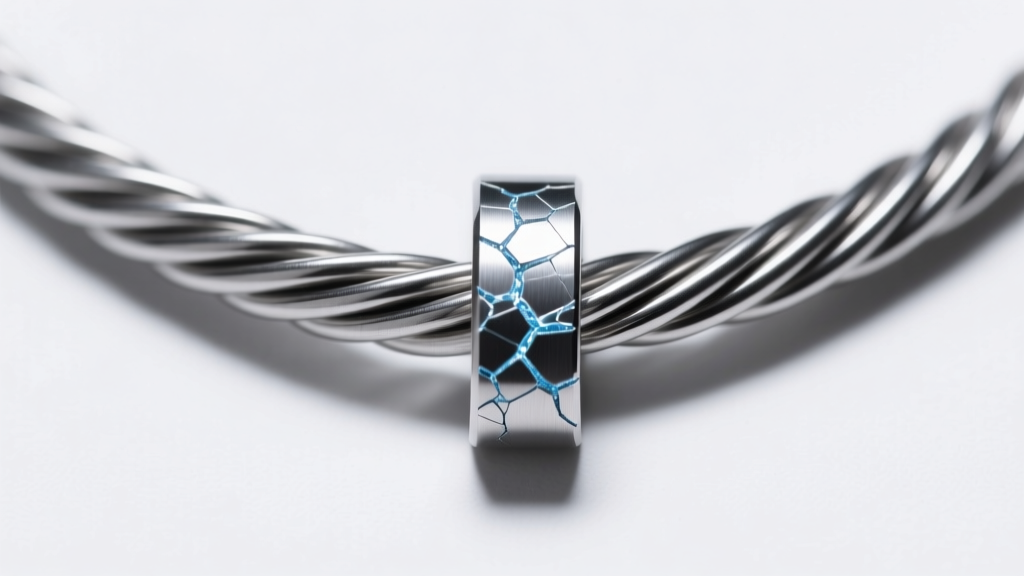 Macro shot of a steel torque necklace wire cross-section, revealing the dense work-hardened grain under bright studio lighting.