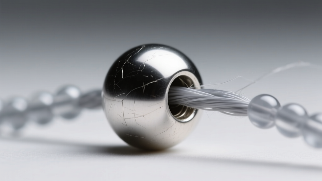 Close-up of translucent gray beading thread passing through a 1.5mm hole of a brushed silver bead with sharp focus on the texture.