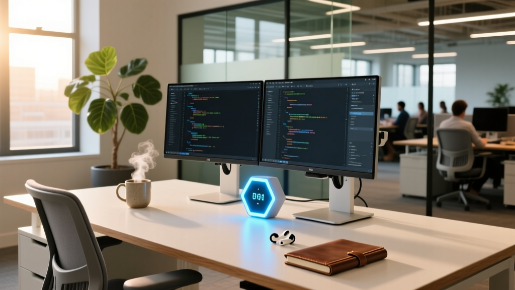 Modern startup office desk with dual monitors, standing desk converter, and a glowing hexagonal focus timer bathed in warm morning light.