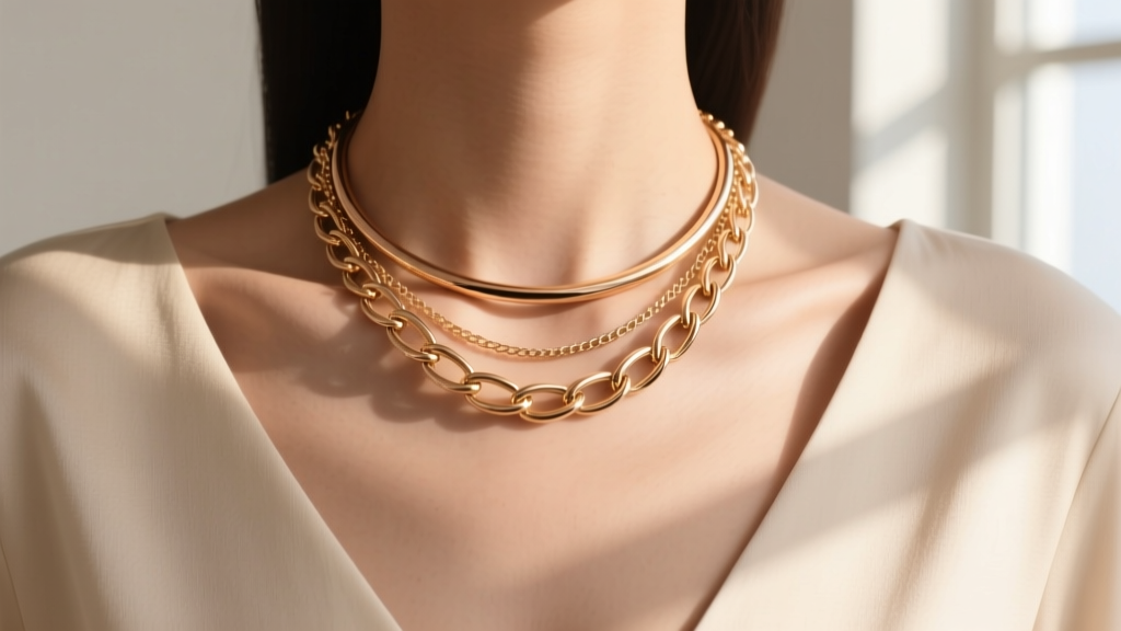 Layered 14k rose gold barbell necklace with a cable chain, resting on the collarbone over a deep V-neck top in natural daylight
