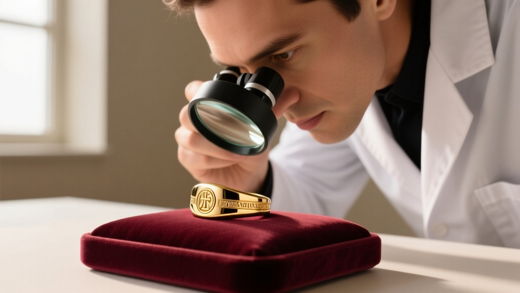 Jeweler using a digital loupe to inspect the thickness and hallmark of a vermeil gold signet ring on a velvet pad