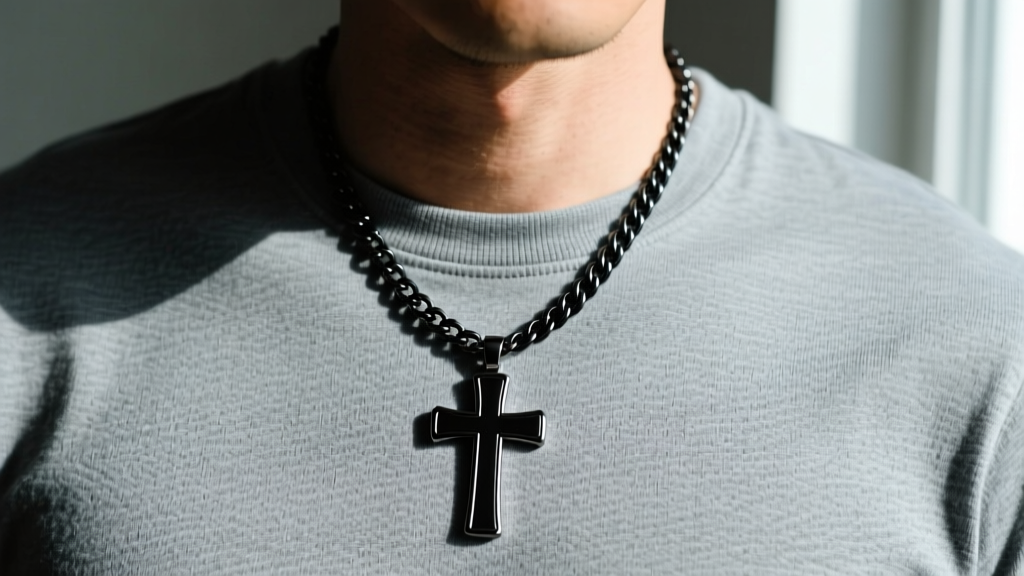 Close-up of a man wearing a matte black PVD steel Latin cross pendant on a 20-inch black curb chain against a soft grey t-shirt.