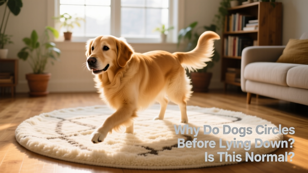 A golden retriever gently circling on a soft rug before lying down