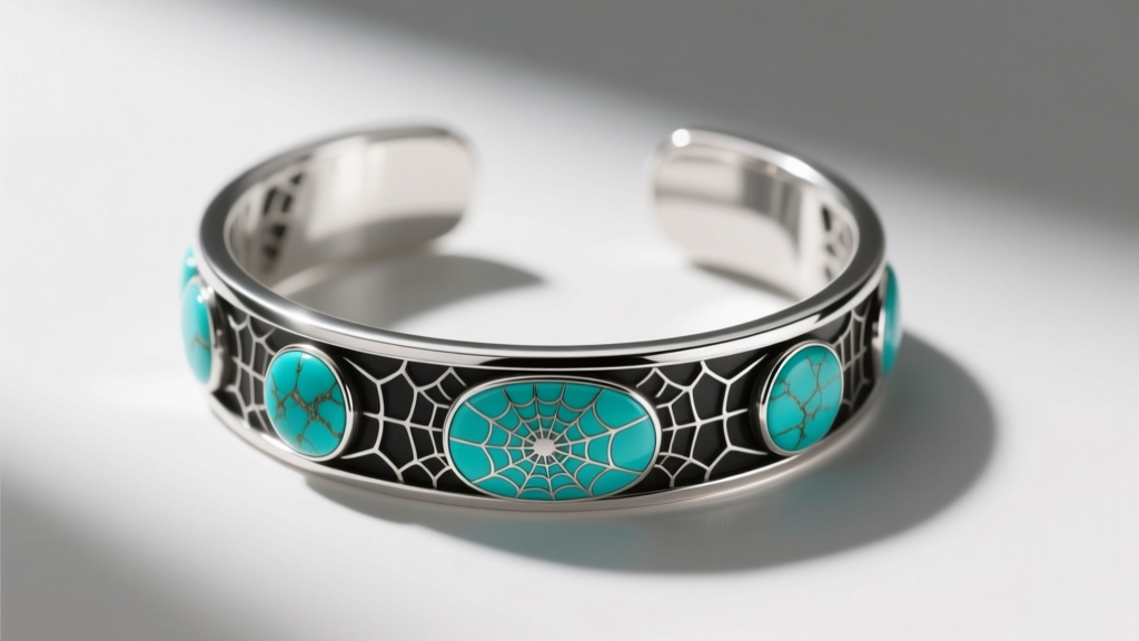 Overhead view of a sterling silver cuff bracelet inlaid with stabilized Sleeping Beauty turquoise showing a dark spiderweb matrix