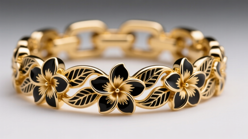 Macro shot of a solid half-round gold Hawaiian necklace link showing deep hand-engraved plumeria motifs filled with black enamel.