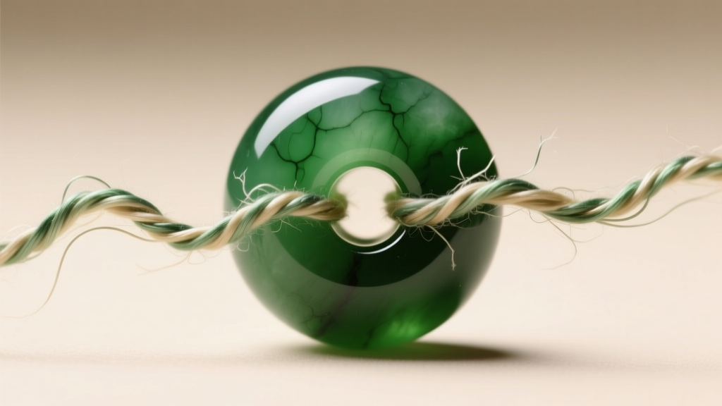 Macro view of frayed silk thread inside a green jadeite bead hole, showing the cheese-wire effect on a beaded necklace.