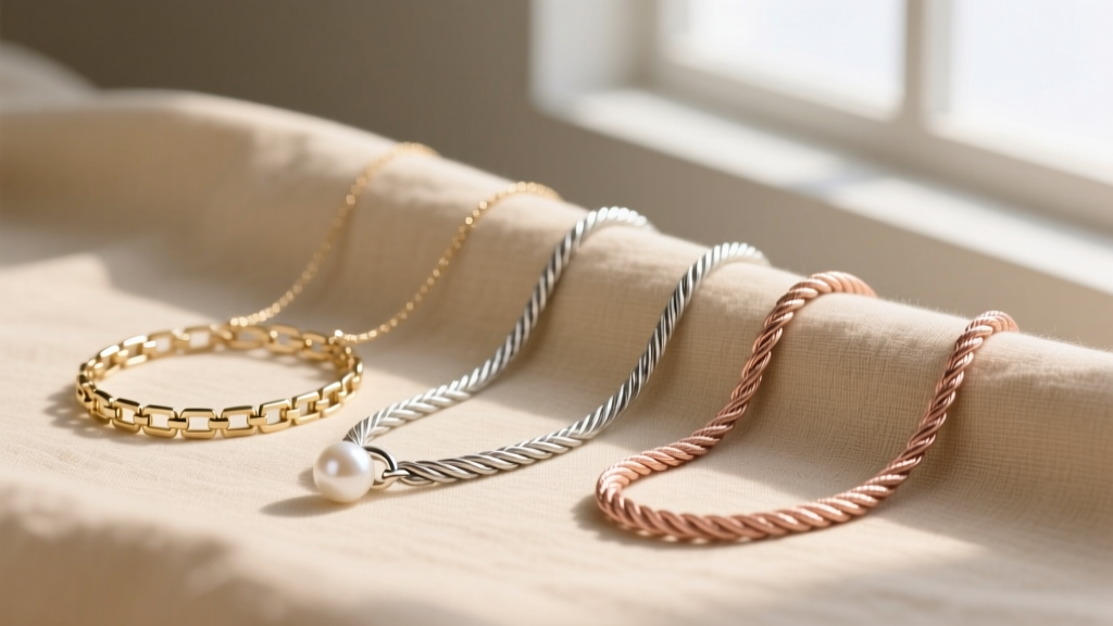 Three dainty necklace chains: 0.8mm box, 1.0mm cable, and 1.2mm rope styles resting on a soft, neutral linen fabric backdrop.