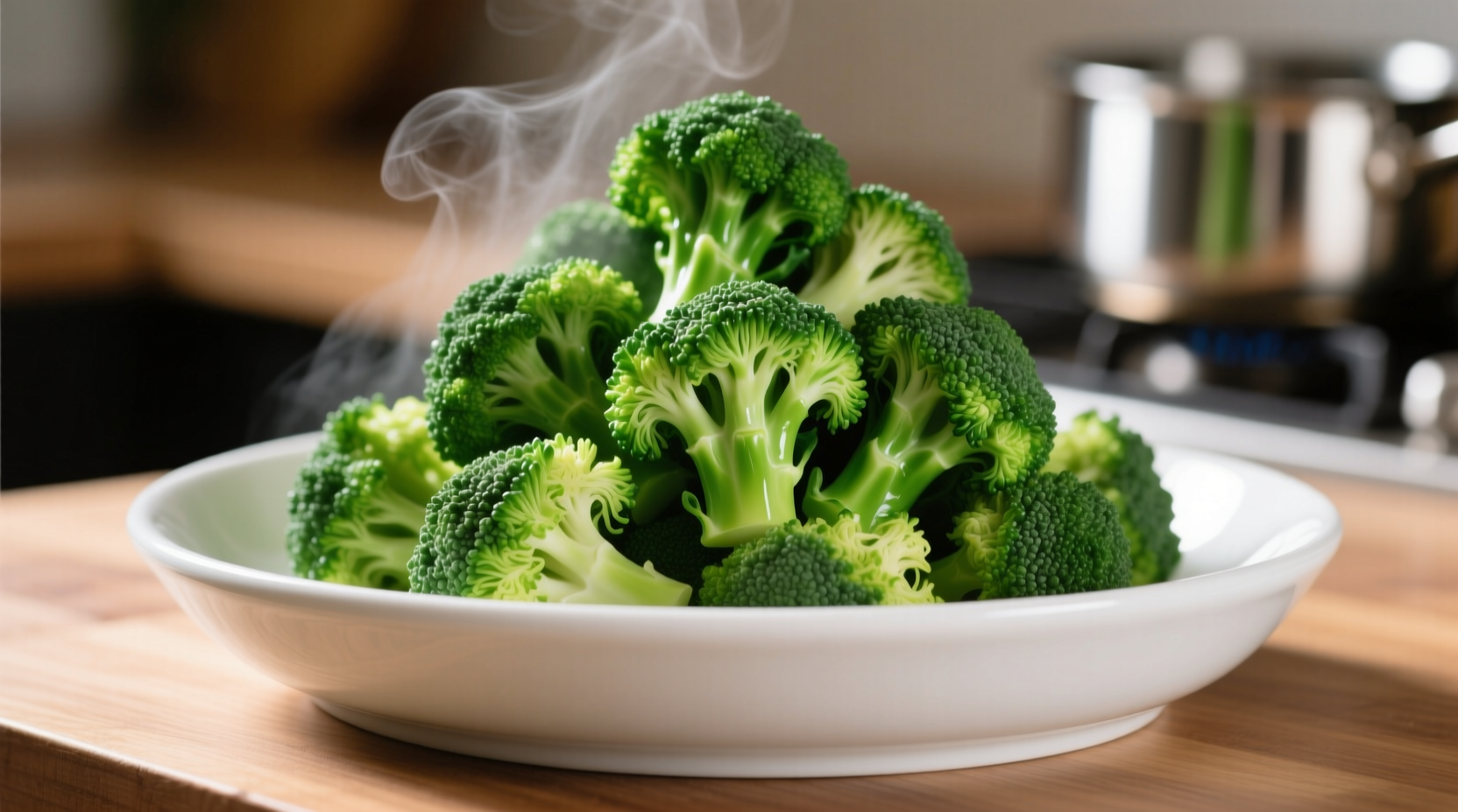 Perfectly cooked bright green broccoli florets in white dish