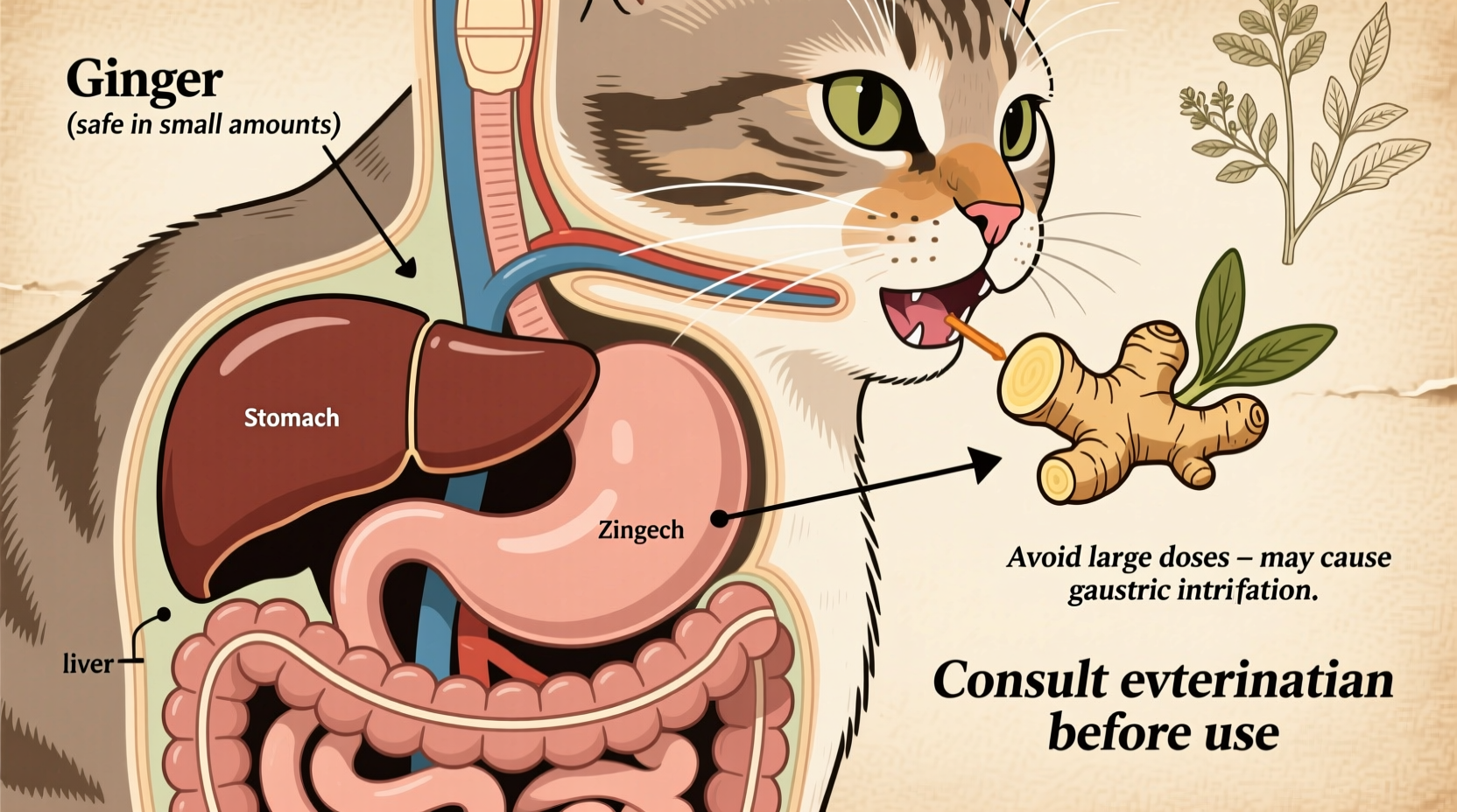Katze und frischer Ingwer auf Holzbrett