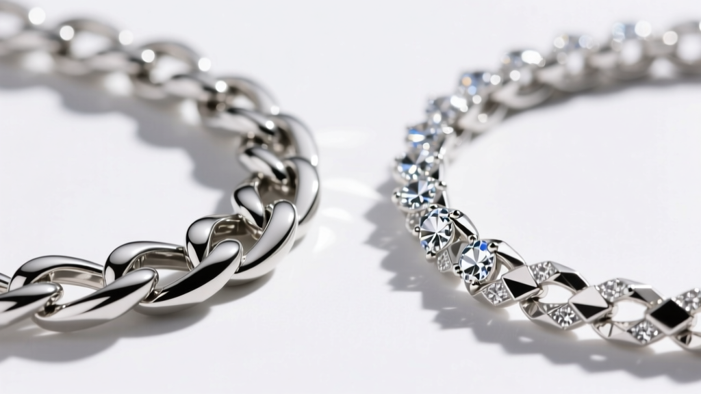 Close-up of a polished platinum Taylor chain beside a sterling silver chain showing diamond-cut facet brilliance and metal texture