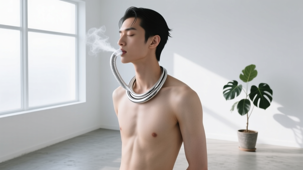 Person wearing a polished sterling silver breathing tube necklace, exhaling softly with eyes closed in a bright, minimalist room.
