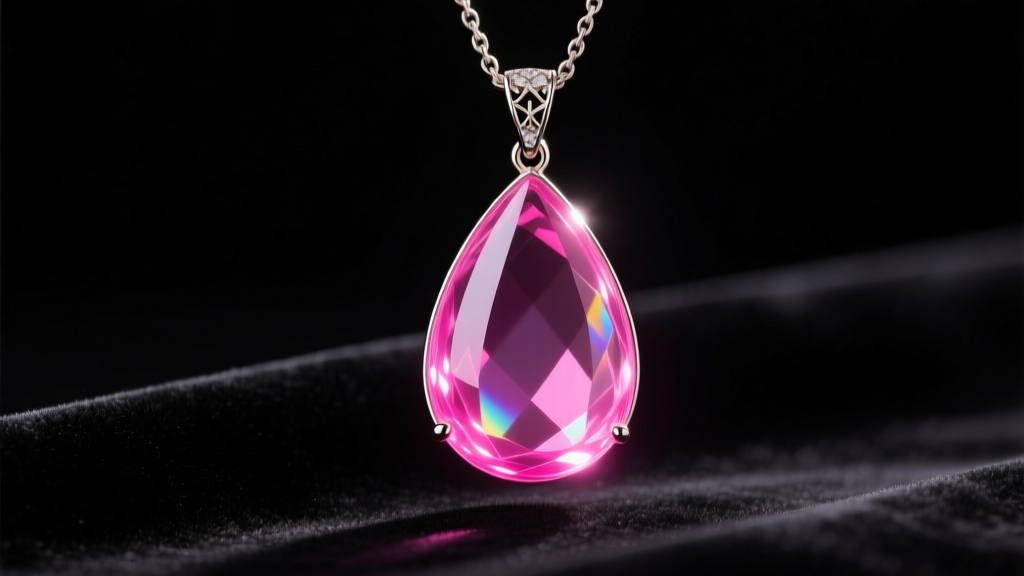 Close-up of a teardrop mood necklace pendant glowing vibrant pink, resting on dark velvet with soft, dramatic studio lighting.