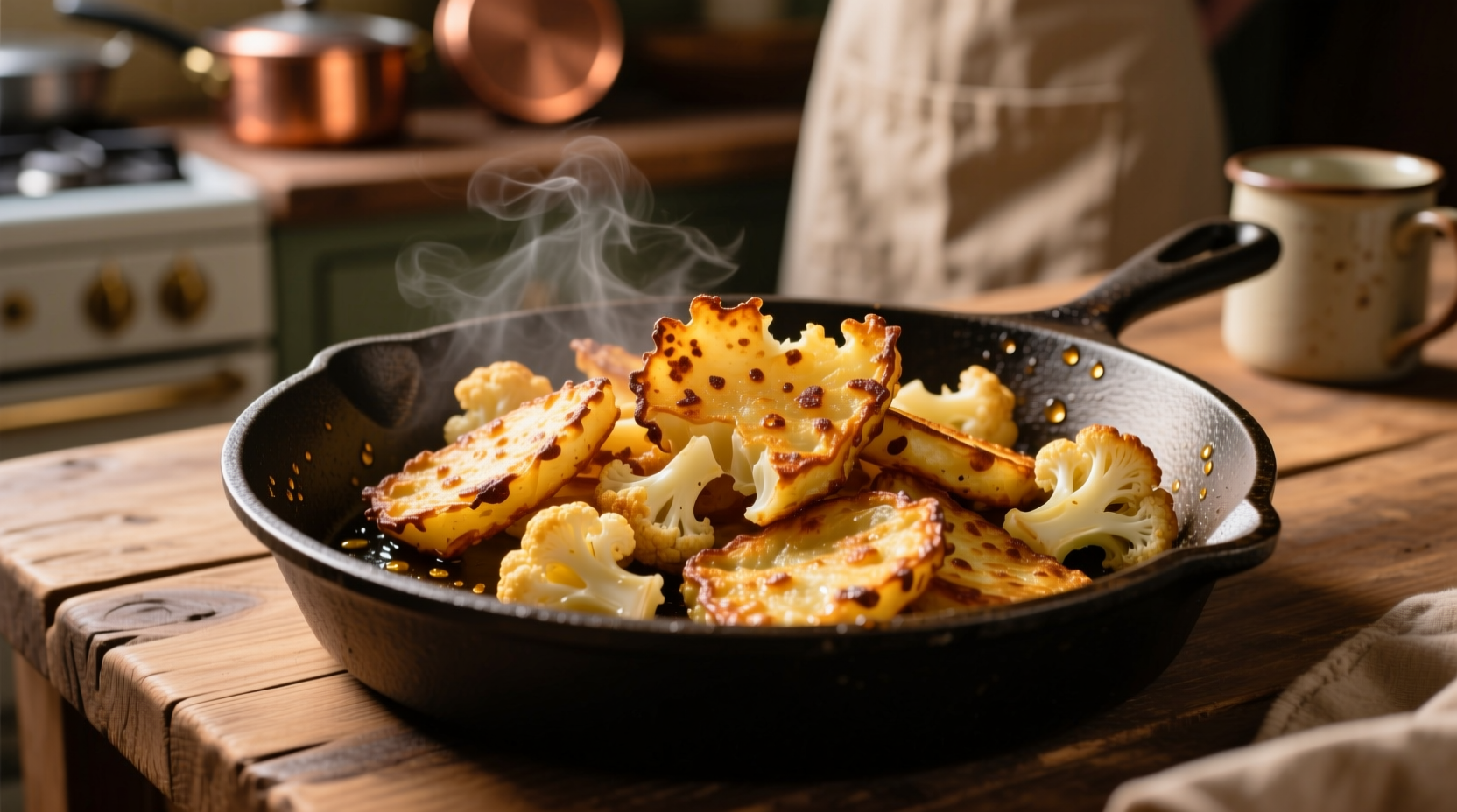 Golden brown cauliflower hash browns on cast iron skillet