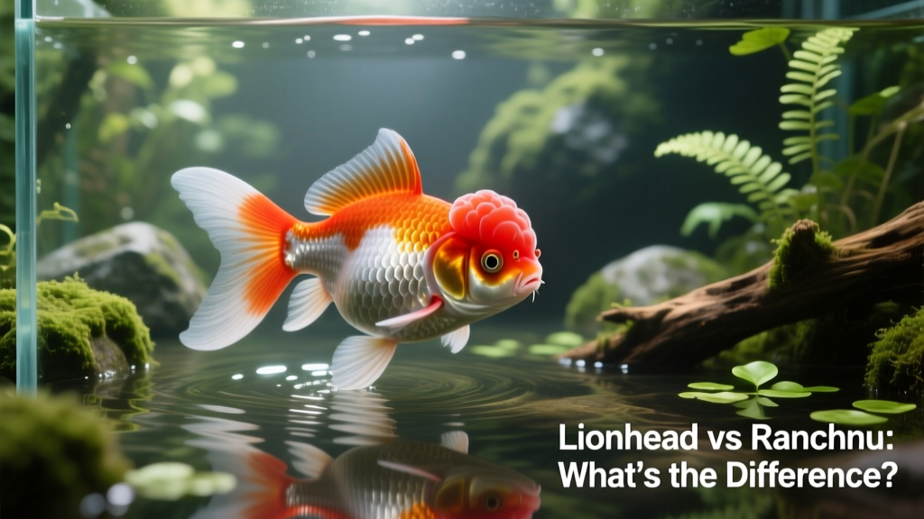 A healthy, vibrant Lionhead goldfish swimming gracefully in a planted aquarium with soft lighting