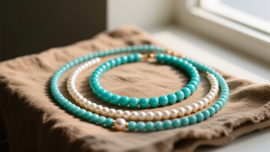 Turquoise and freshwater pearl beaded necklaces resting on a textured linen cloth illuminated by soft natural window lighting