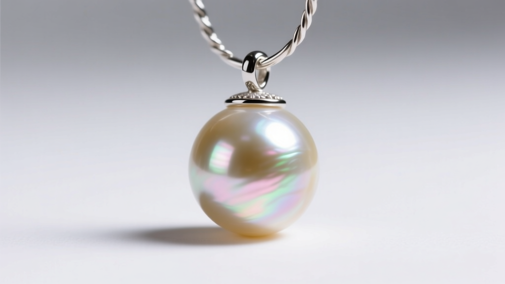 Macro shot of 10mm South Sea pearl dangling from platinum wire setting, highlighting thick nacre and sharp mirror-like luster