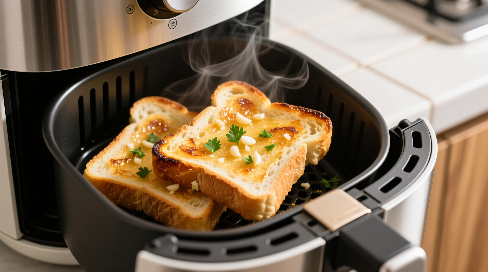 Perfectly golden garlic toast in air fryer basket