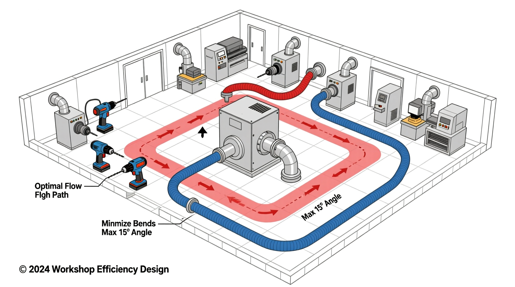 Workshop diagram showing optimal hose routing for dust collector