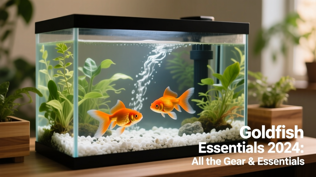 A well-maintained 20-gallon goldfish tank with live plants, clean gravel, and two healthy orange fantail goldfish swimming near a gentle filter outflow