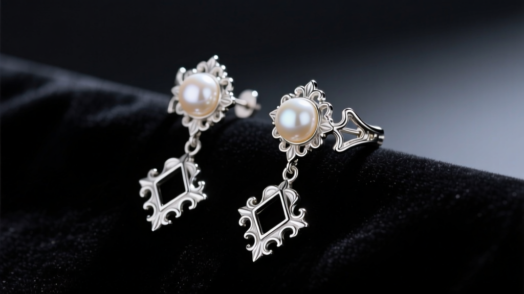 Baroque pearl and silver earrings on dark velvet, showing an ear cuff and geometric drop under moody, directional studio lighting.