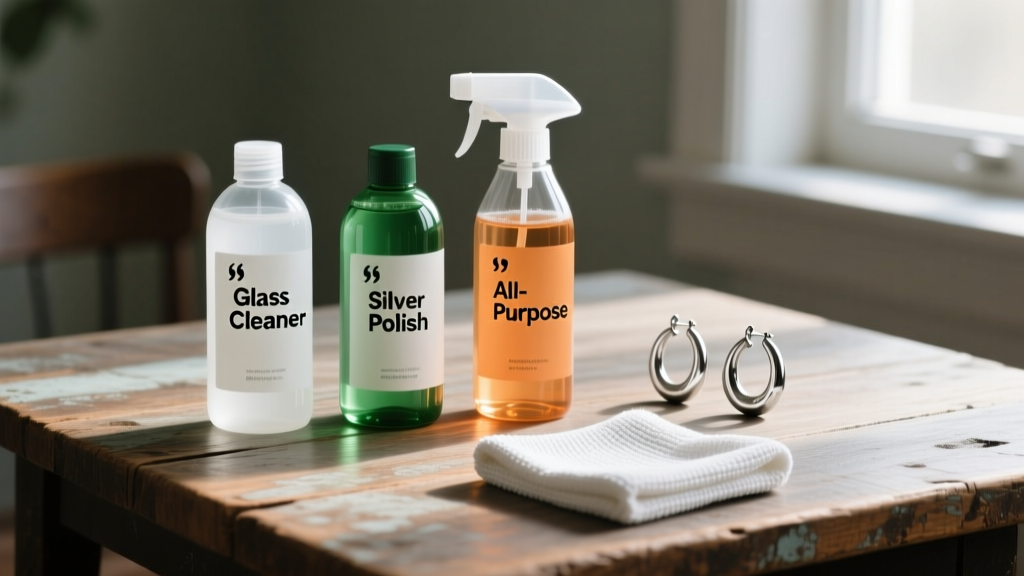 Three dishes with cleaning liquids, tarnished sterling silver hoops, and a microfiber cloth arranged on a rustic wood table.